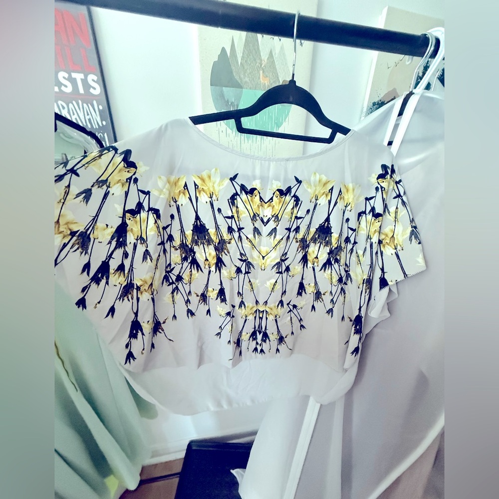 Kenneth Cole White Blouse with Gold Floral Design